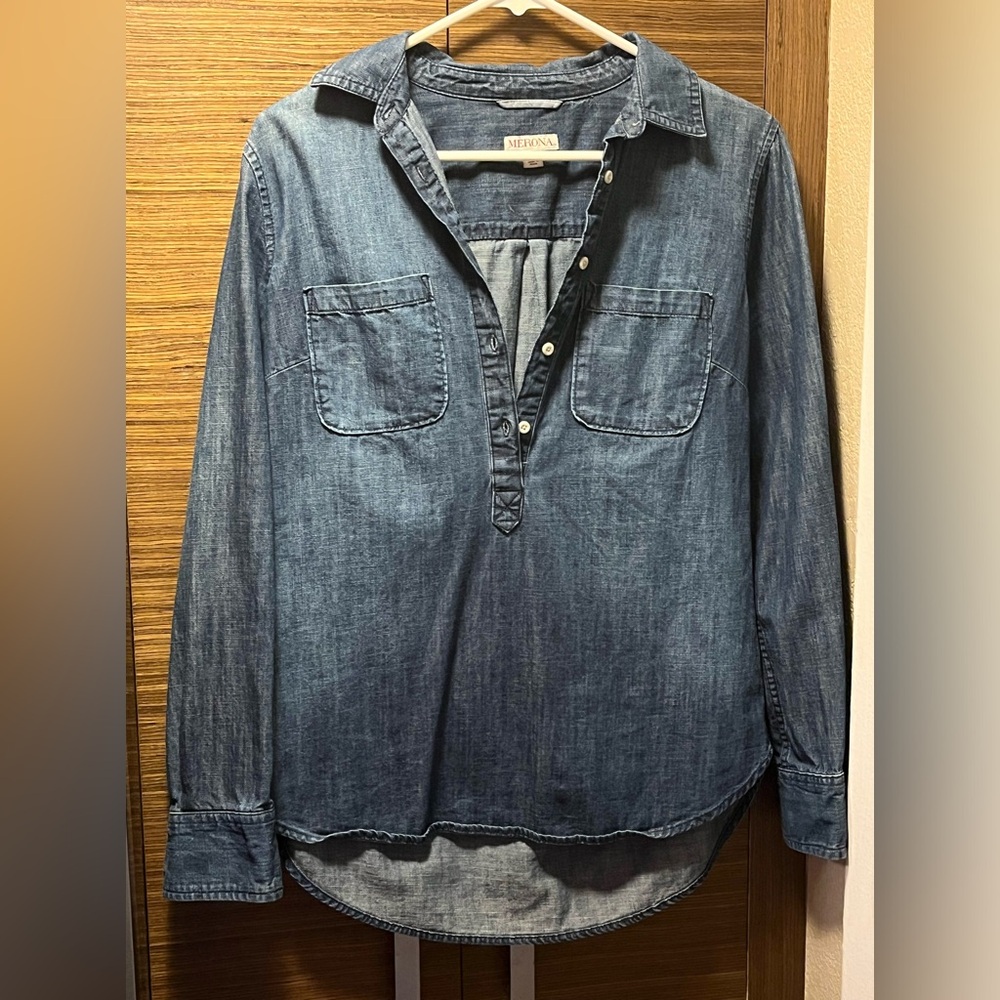 Merona, small, collared medium dark denim, popover long sleeve shirt